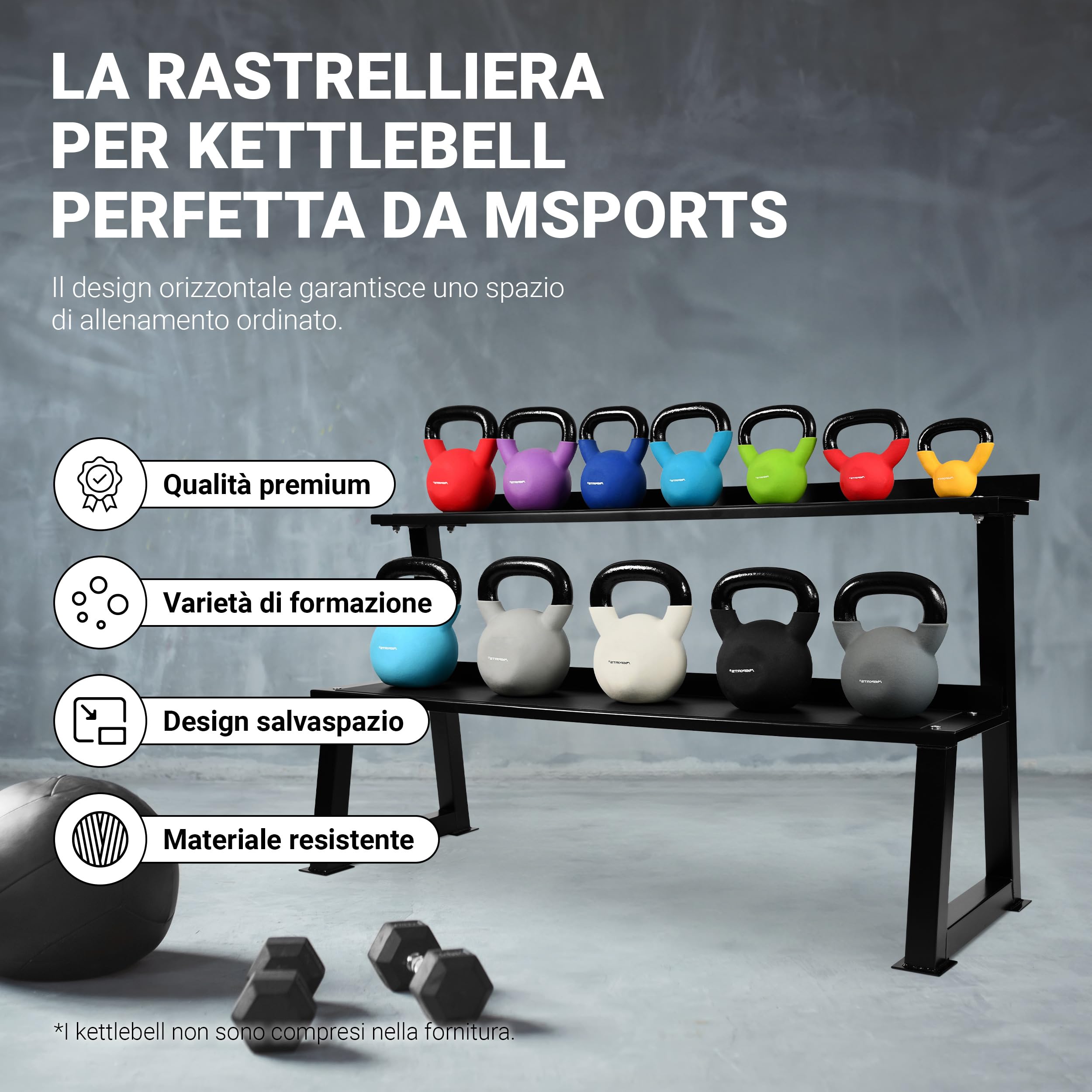 Kettlebell Rack I 2 Livelli – per 14 manubri a Sfera, ripiano per Kettlebell