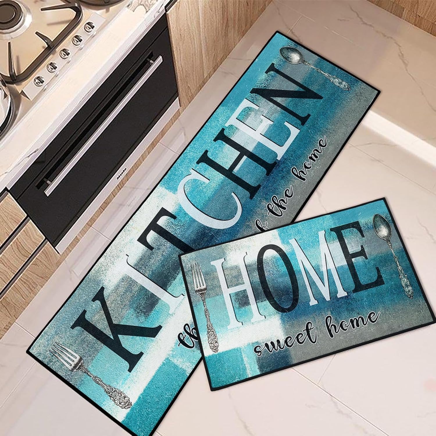 Teal Turquoise Kitchen Rugs and Mats Non Skid Washable Set of 2, Abstract Oil Painting Abstract Vintage Floor Mats, Sweet Heart Home Runner Rug, Kitchen Decor