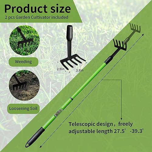 Miniatura 3 de Rastrillo de mano pequeño rastrillo de jardín, mango ajustable, cultivador de mano de jardinería, herramienta de jardín con mango antideslizante,