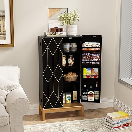 Miniatura 10 de ARTPOWER Armario de despensa de cocina de 45 pulgadas con borde dorado, armarios de despensa con puertas y estantes ajustables, armario de despensa