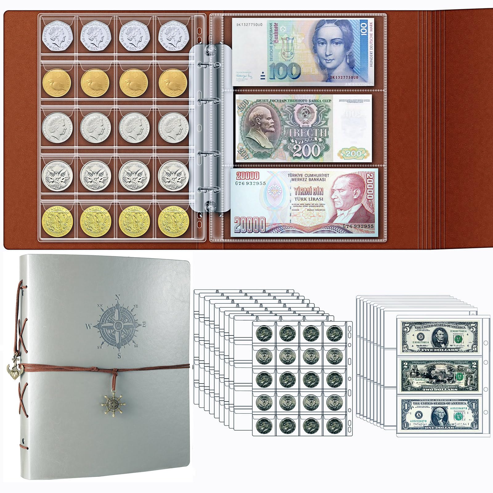 Ettonsun Coin Collection Book Holder for Collectors, 200 Pockets Coin Collecting Album & 30 Sleeves Paper Money Currency Display Storage Case for All Coin Collection Supplies (Gray)