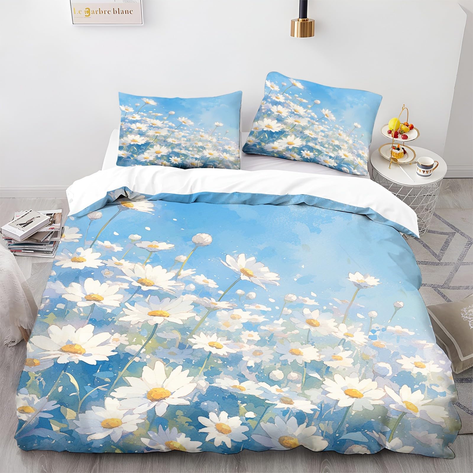CozyRest 3-częściowy komplet pościeli 200 x 220 cm, miękka pościel z mikrofibry, z poszewką na poduszkę, z zamkiem błyskawicznym, białe stokrotki z motywem kwiatowym