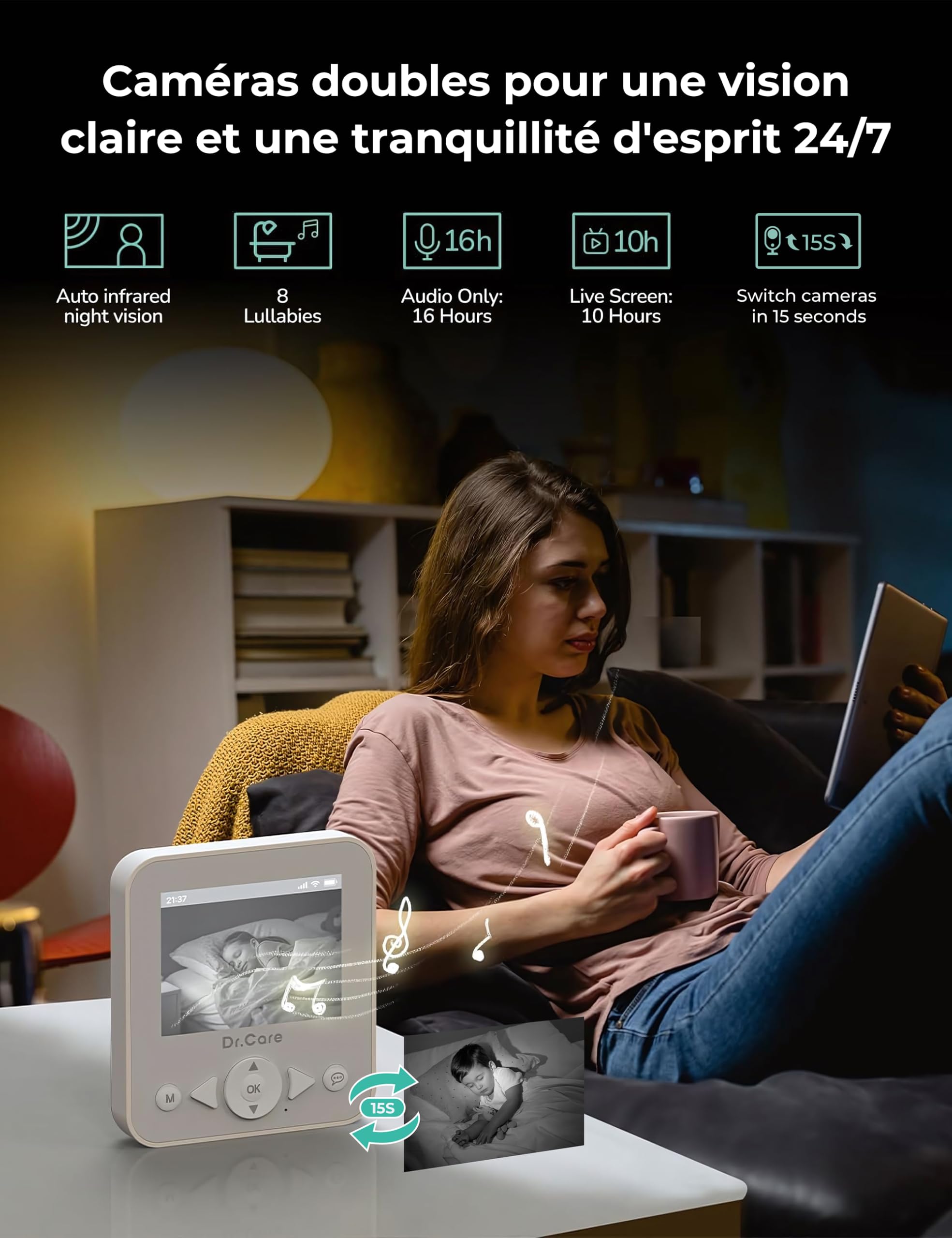 Dr.Care NeoView Babyphone Caméra Vidéo - Écran 2.8" 1500mAh, Surveillance Bébé, Audio Bidirectionnel, Vision Nocturne, VOX, Capteur de Température, Berceuses, Clip Ceinture
