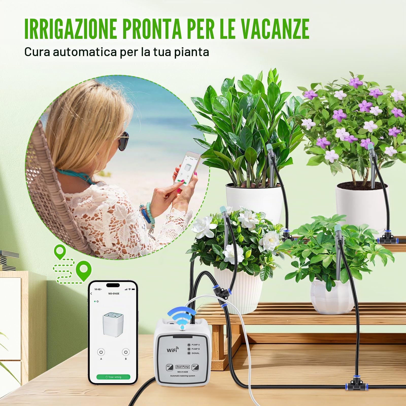 Kit di Irrigazione a Goccia WiFi con Controllo APP, Portata d'Acqua Regolabile, Sistema Irrigazione Automatica per Fino a 20 Vasi da Interno, Tempestiva Irrigatore Giardino per Piante, Doppia Pompa