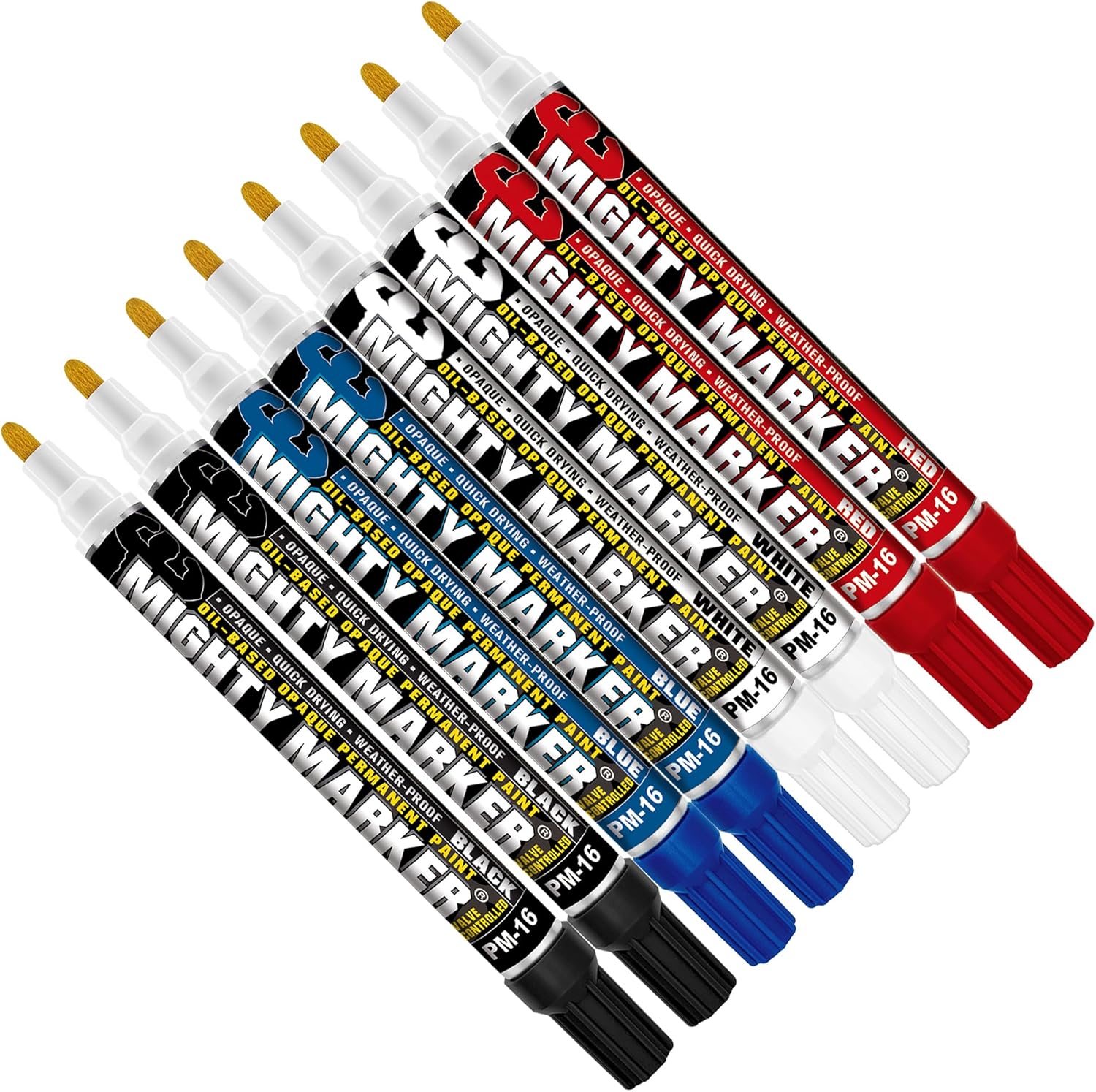 PM-16 Paint Markers, Quick-Drying Paint Pens for Metal, Industrial Use, Permanent Marks, High-Opacity, Weather-Resistant, 2.3mm Bullet Tip, 8 Bonus Tips, Made in USA - Assorted 8 Pack