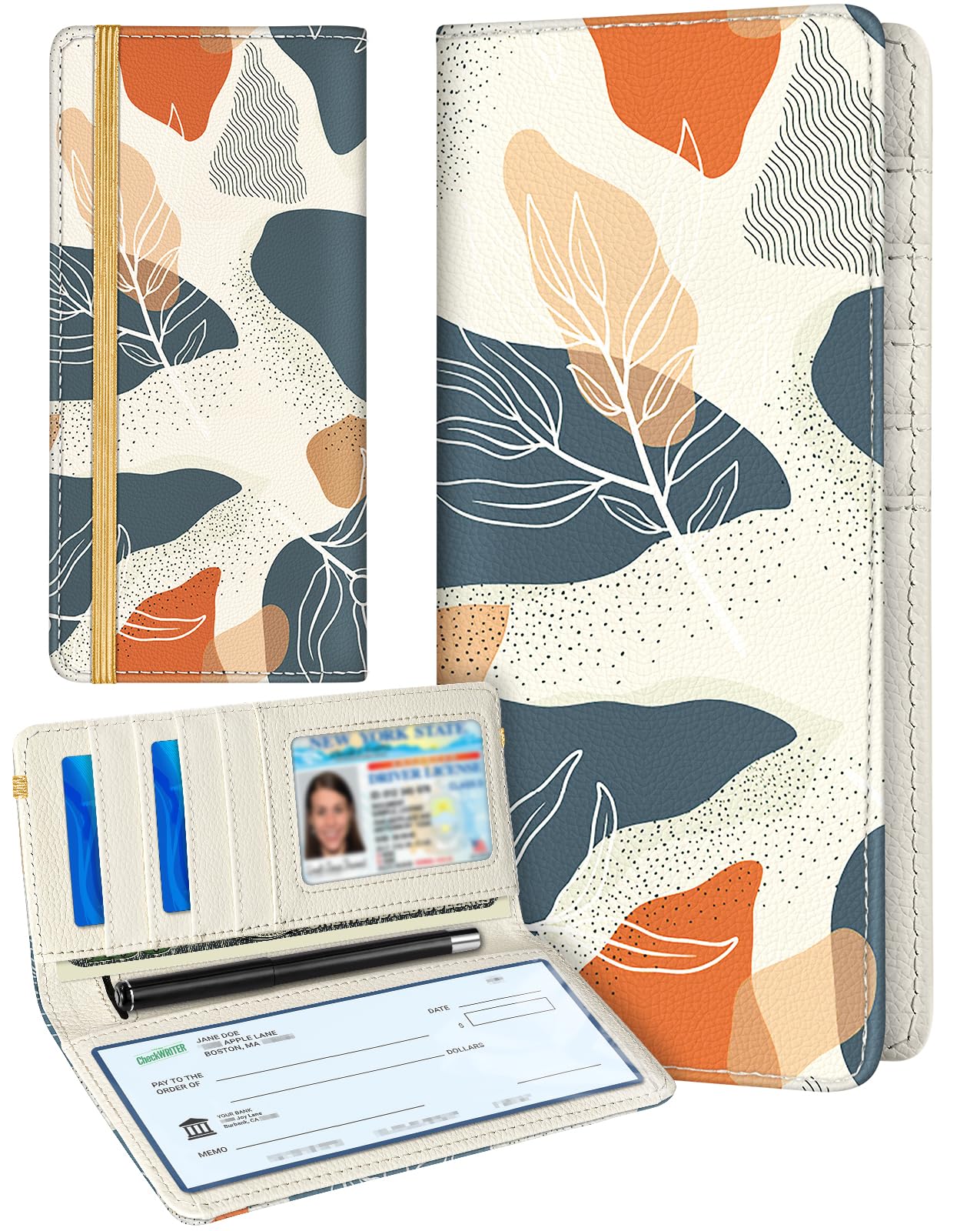 Slohif Checkbook Cover for Personal Duplicate Checks - Leather Check Book Wallet Holder for Women Leaves Print Top Stub