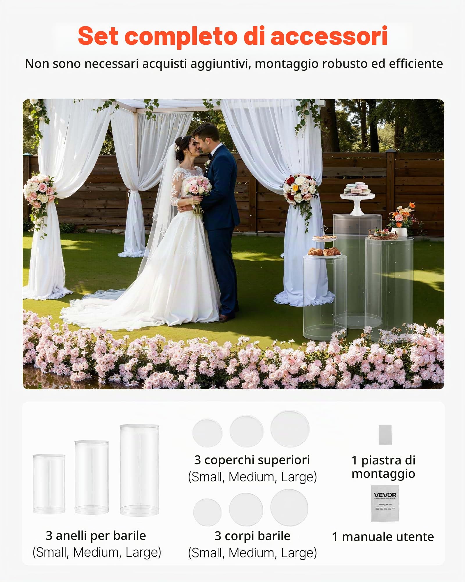 VEVOR Supporto per Fiori da Matrimonio, Zoccolo Cilindrico Rotondo, Supporto Trasparente con Coperchio in Acrilico Trasparente, 3 Pezzi da 60, 75, 90 cm, Supporti Cilindrici per Matrimoni, Feste