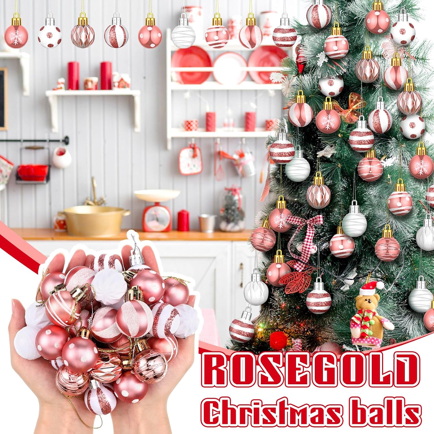 Liliful 120 Pcs Mini Christmas Ball Ornaments Shatterproof Xmas,Rose Gold | 1.18 Inch Small Baubles with Rope, Assorted Stripe Dot Patterns, Shatterproof Plastic for Tree Party Xmas Home Decoration