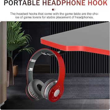 47 Inch Gaming Desk,Z Shaped Computer Desk with Headphone Hook & Adjustable Leg Pads, PC Desk Gaming Table for Home Office, Gaming Table Desk with PVC Surface & Metal Frame, Small Gaming Desk,Red