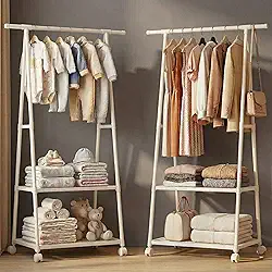 Arara Organizadora Cabideiro de Roupas de Chão com Rodinhas – Cabideiro Multiuso com 2 Prateleiras e Sapateira. Arara de Roupas Móvel para Quarto, Lavanderia e Quarto de Bebê (BRANCO)