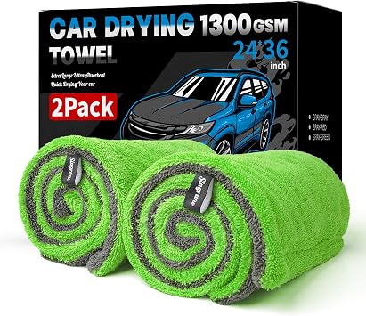 2 Pack XL Car Drying Towel 1300GSM Ultra Absorbent Microfiber, 24"x36" Large Size, Twisted Loop, Lint-Free & Streak-Free for Auto Detailing, Car, SUV, Truck Gray-Green