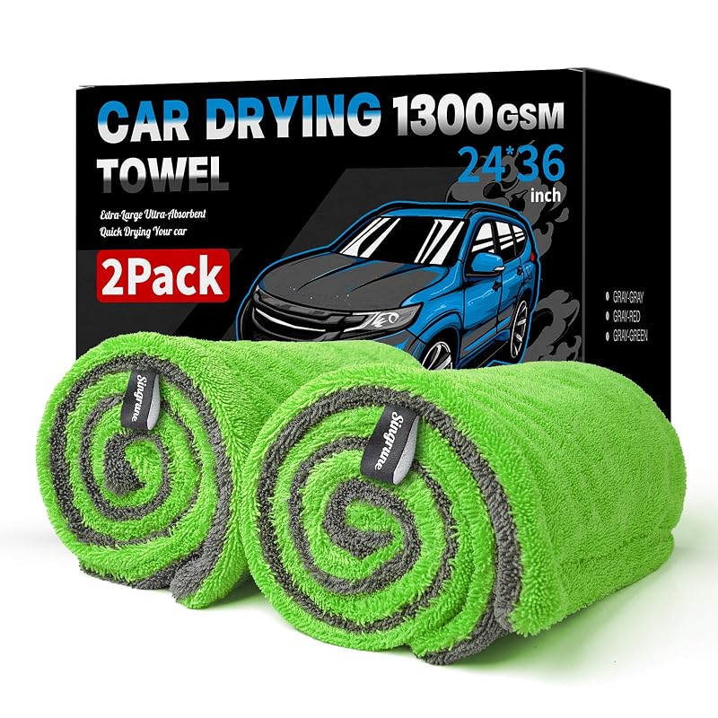 Kit com 2 Toalhas de Secagem Automotiva Singrune em Microfibra 1300 GSM, 91,4 x 61 cm, Trama Torcida, Cinza-Verde