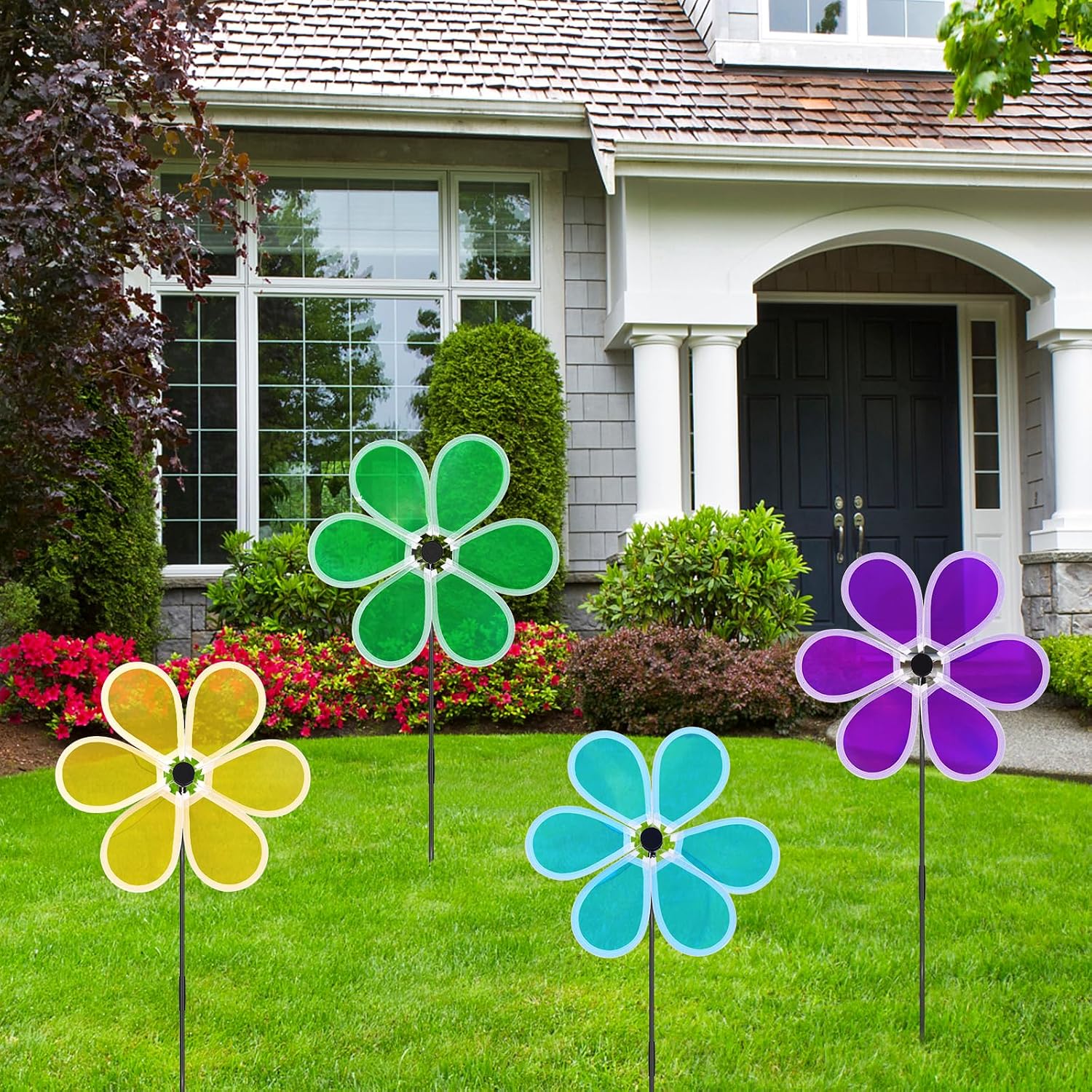 4PCS Flower Wind Spinner Reflective Pinwheels Colorful Garden Windmills for Yard and Garden, Lawn Decoration, Outdoor Decor, Party Favors