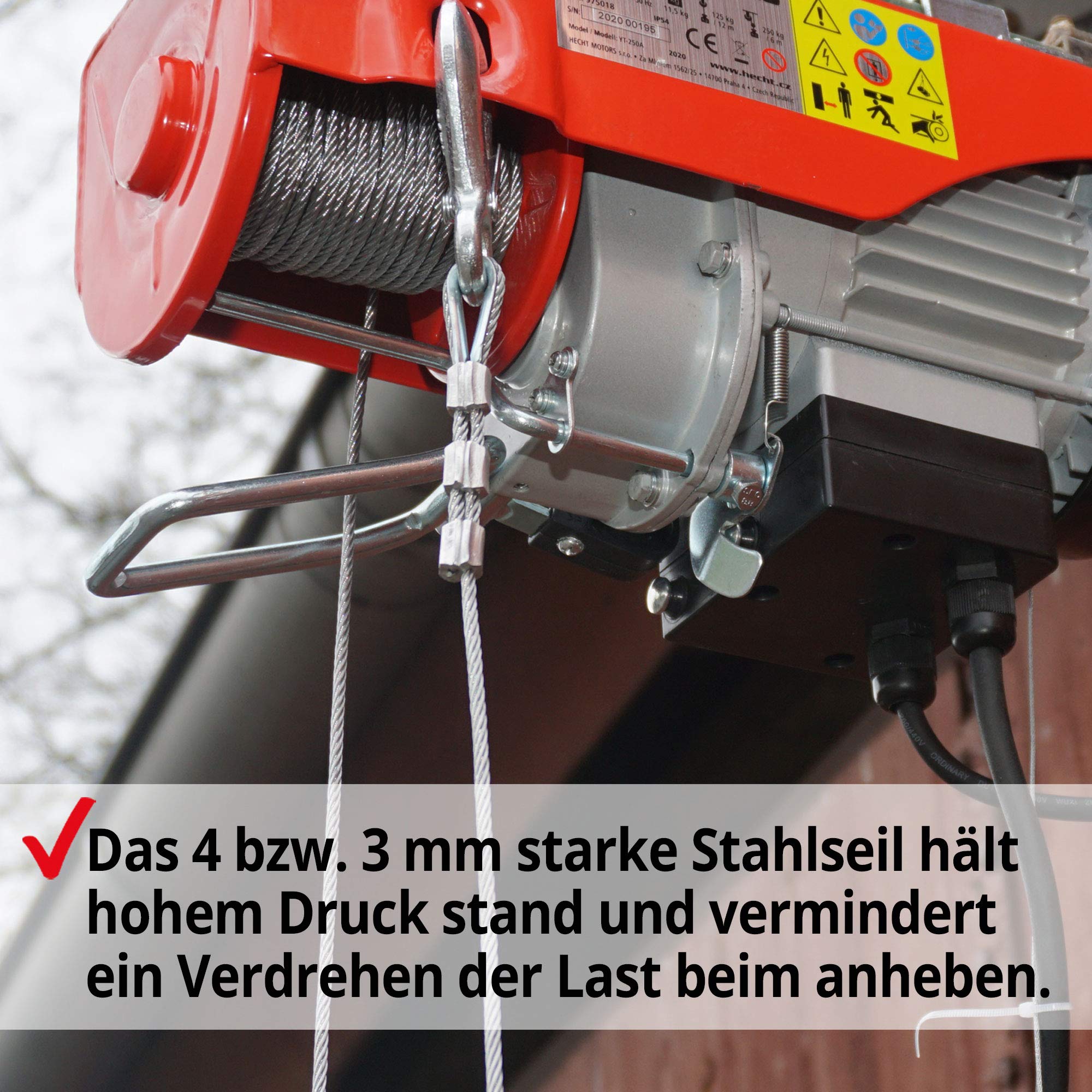 HECHT Elektro Seilzug 125/250 kg 230 V mit Umlenkrolle | Elektrische Seilwinde mit Stahlseil und automatischer Bremse, Deckenlift für schwere Lasten in Werkstatt und Garage