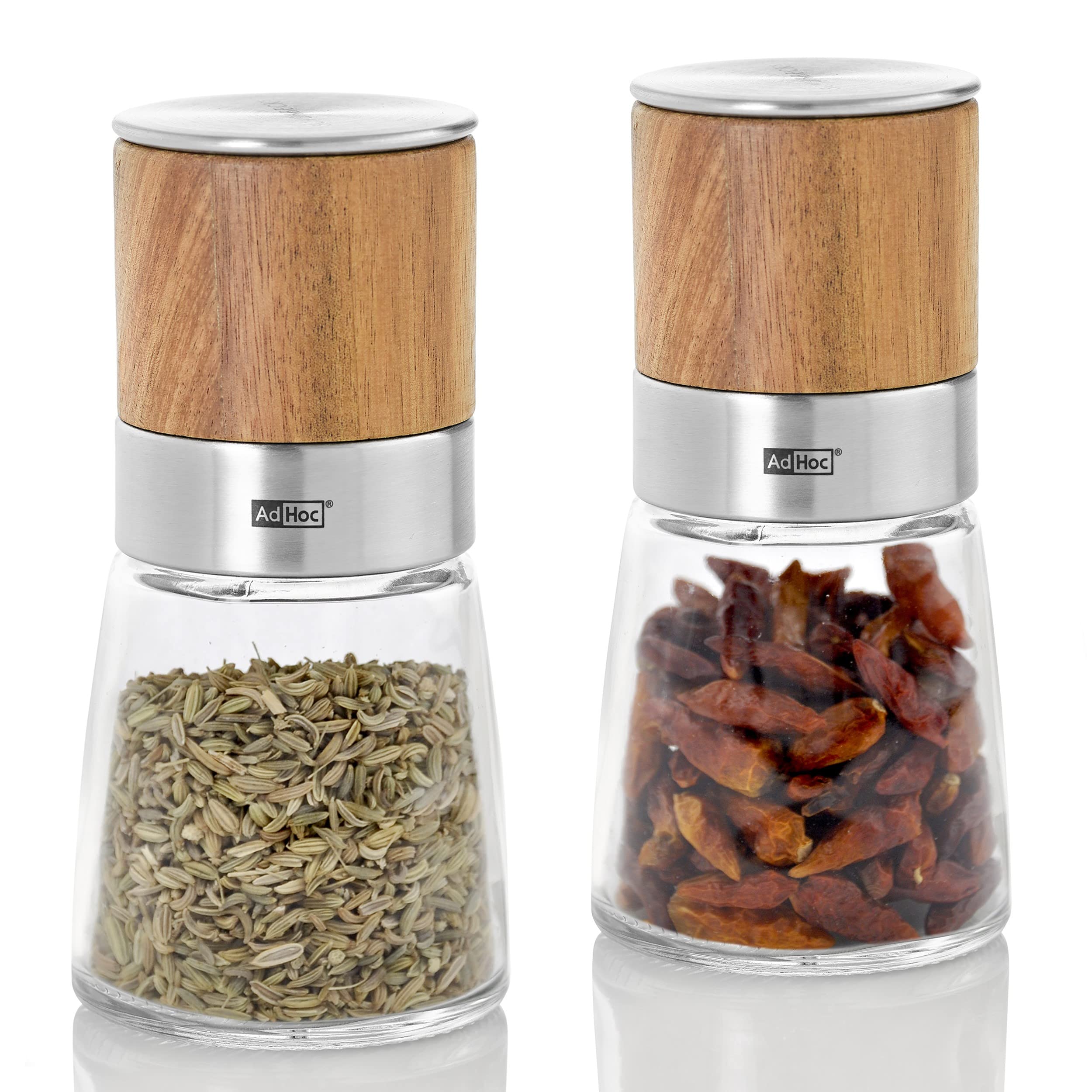 AdHoc MP299 AKASIA: Il Mio Tagliaspezie Ed Erbe Preferito! Design Tedesco In Legno Di Acacia, Vetro E Acciaio Inox. Perfetto Per Peperoncino, Zenzero E Cumino. Diametro 6,5 Cm, Altezza 13,5 Cm. - 2