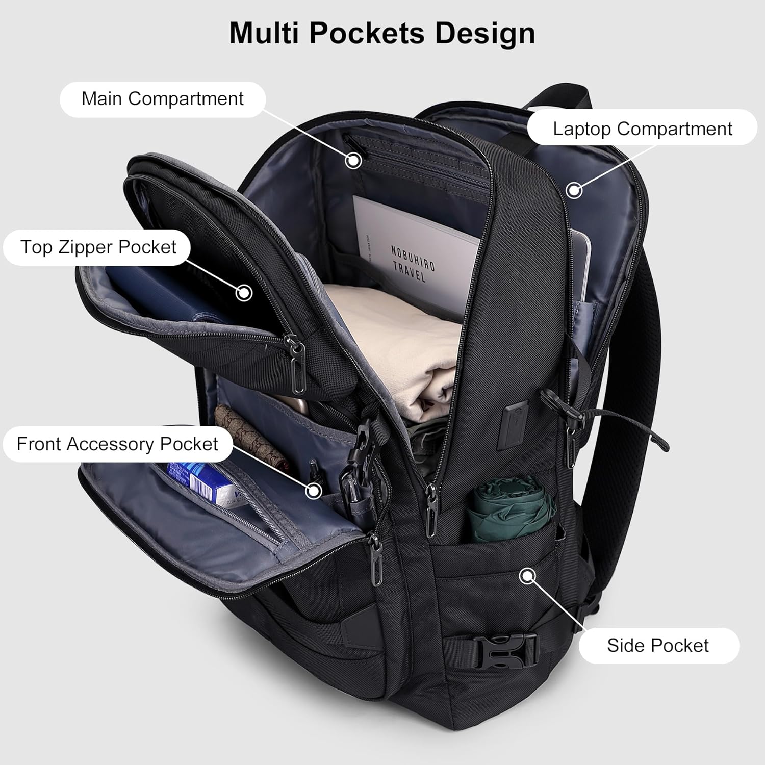 PIJUSHI Travel Backpack for Women Men Flight Aprroved Carry on Bag Large Casual Luggage Backpack Fit 16 inch Laptop(PE050 Black) - Image 3