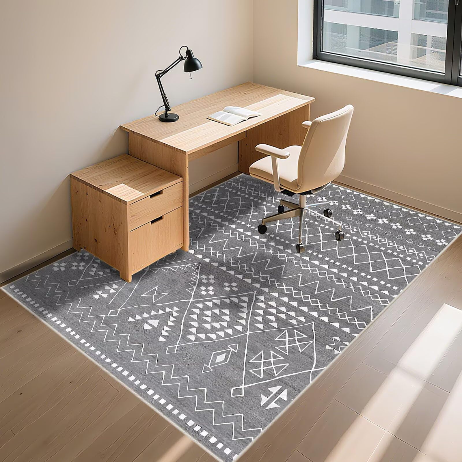 Waschbare Bettvorleger Teppich Grau 70x100cm, Zuschneidbar Fusmattenaußen Geometrische Muster im nationalen Stil für Bürokorridore