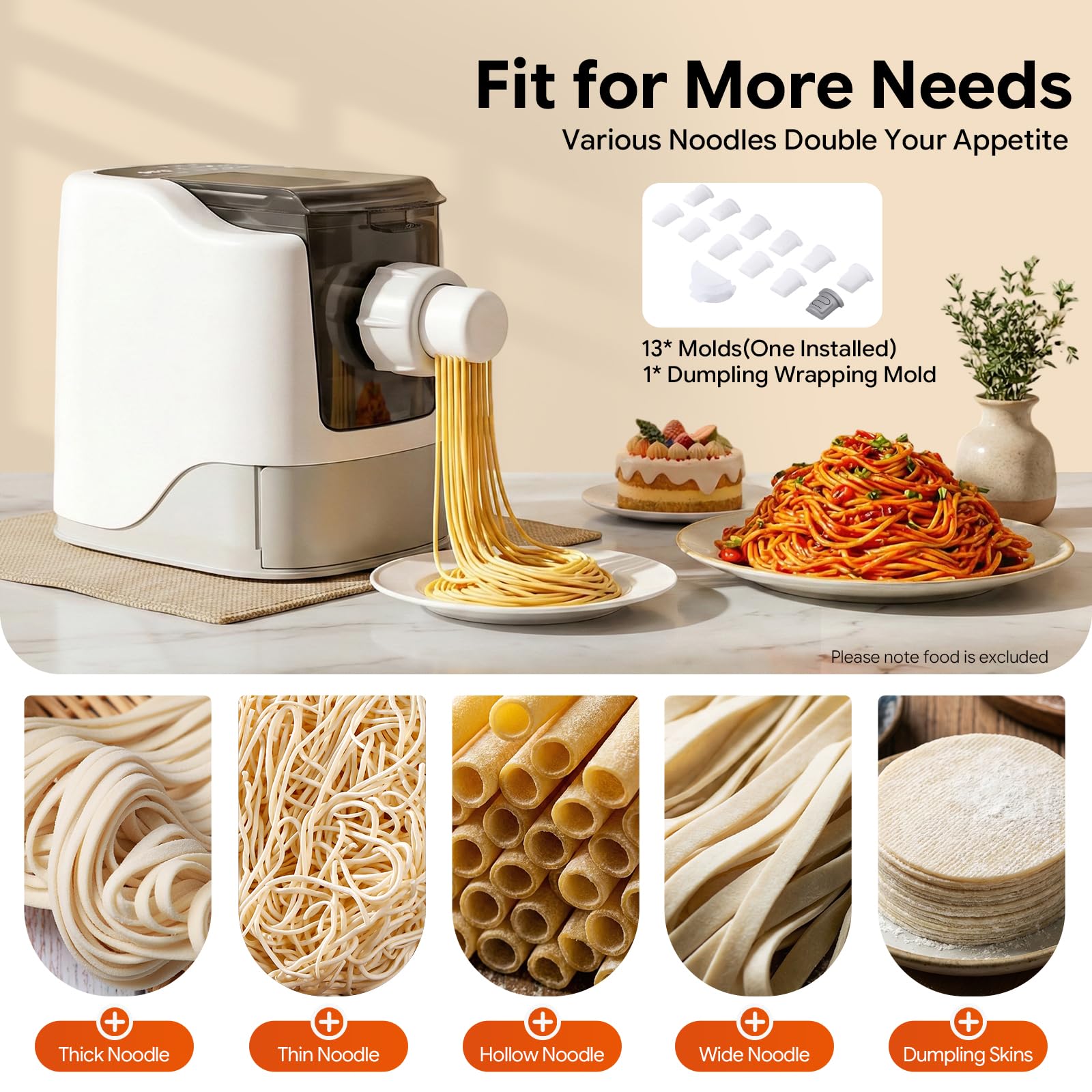 Pastamania Machine à pâtes électrique automatique 260 W avec 13 moules, capacité de 500 g, écran LED, multifonction pour la maison