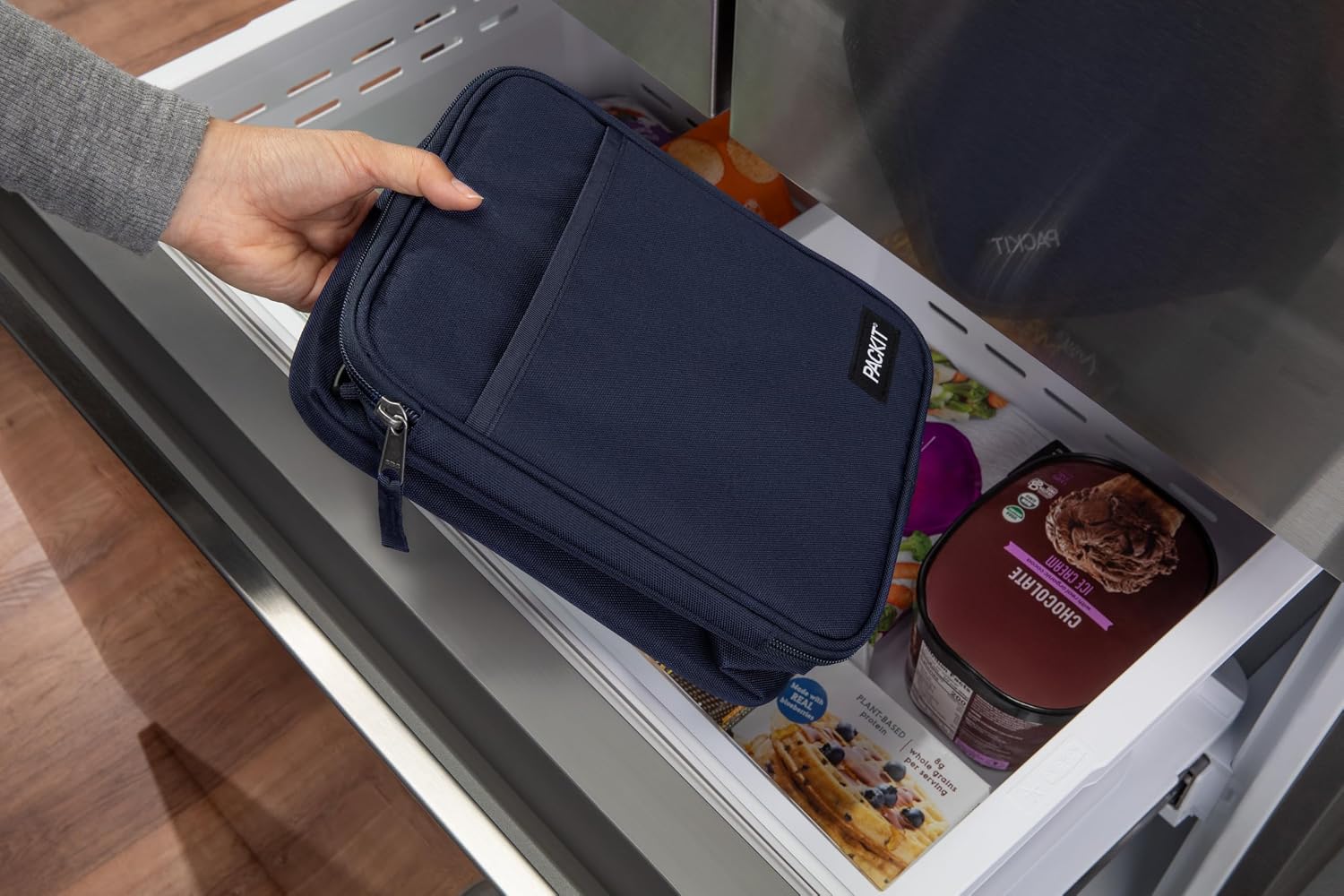 PackIt Freezable Crossbody Lunch Box, Midnight Navy, Technology, Fully Freezable, Collapsible, Reusable, With Top Handle, Front Slip Pocket. Effortlessly Carry, Fresh Every Time