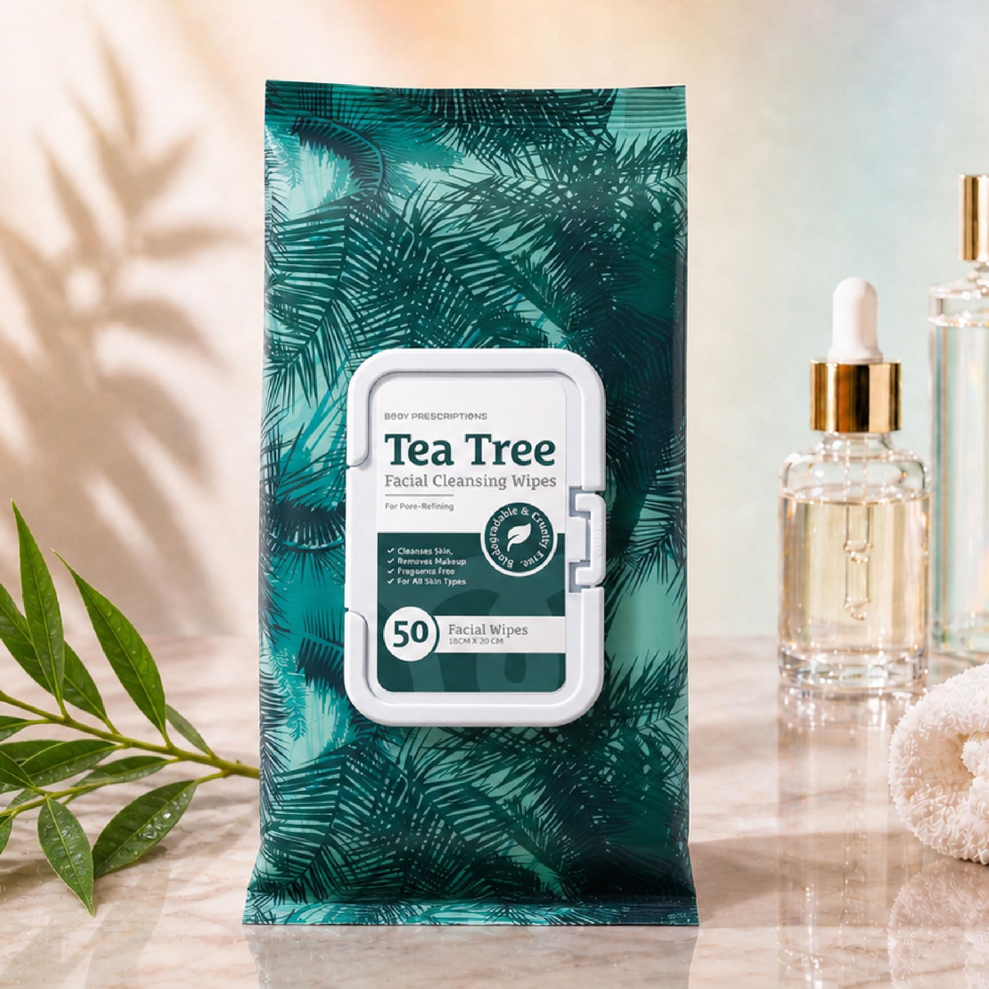 Body Prescriptions - 2 Pack (60 Count Each) Tea Tree Facial Cleansing, Pore Refining Wipes