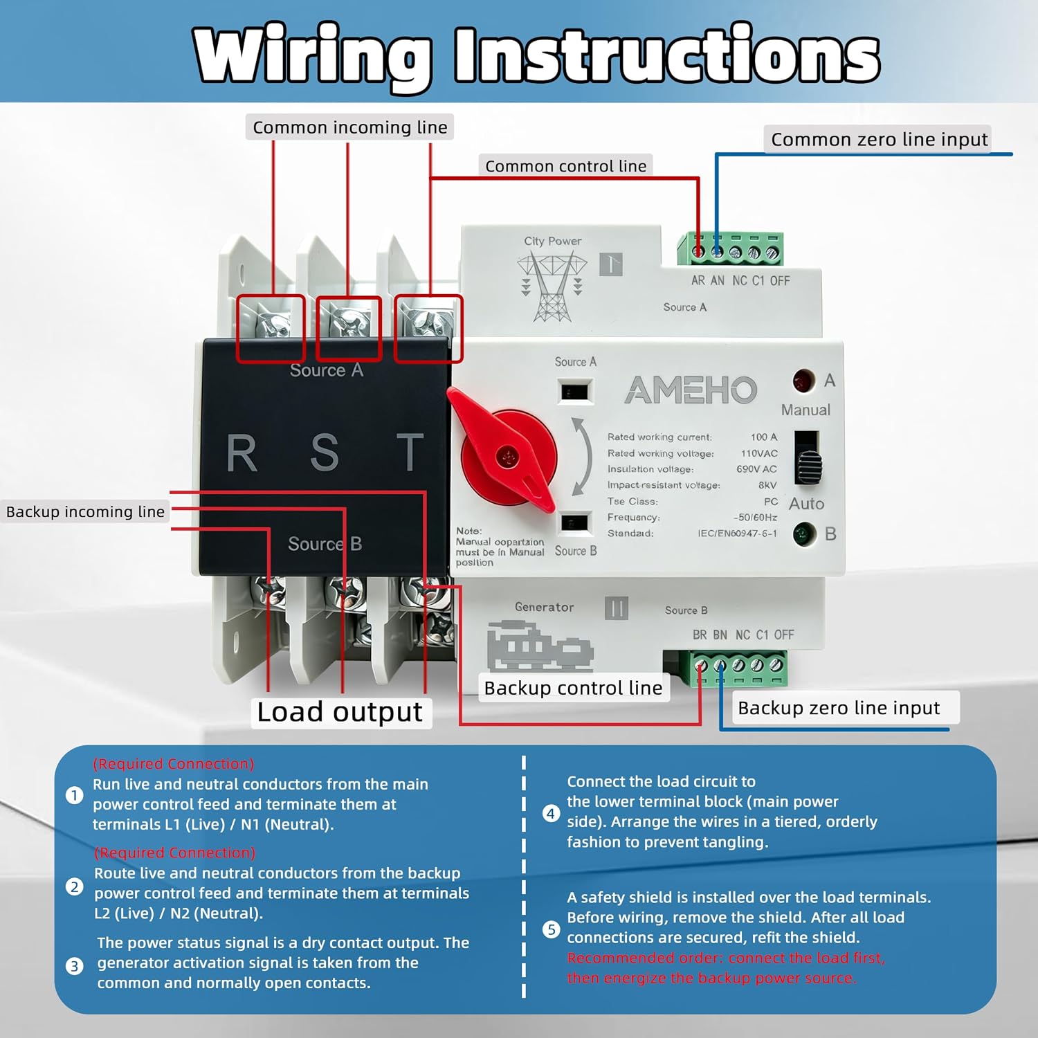 Automatic Transfer Switch 110V, 100A Manual & Auto Dual Power Transfer Switch for Home Generator, 50/60Hz ATS for RV Industrial Emergency Power Supply (ATS-3P)