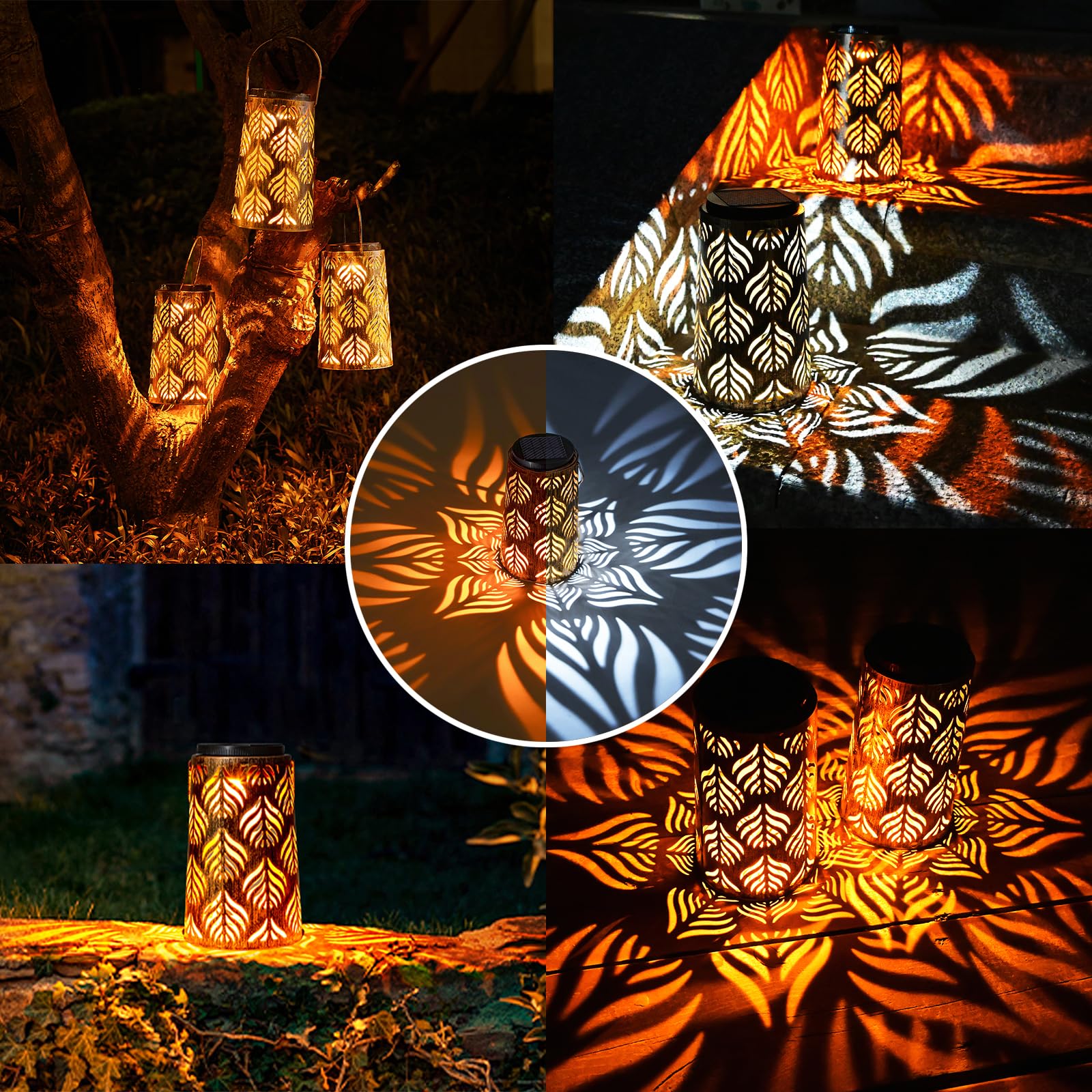 Lanterne Solari Da Giardino 2 Pezzi – Design Retrò Con Motivi A Foglie, Luce Bianca E Ambra - 4