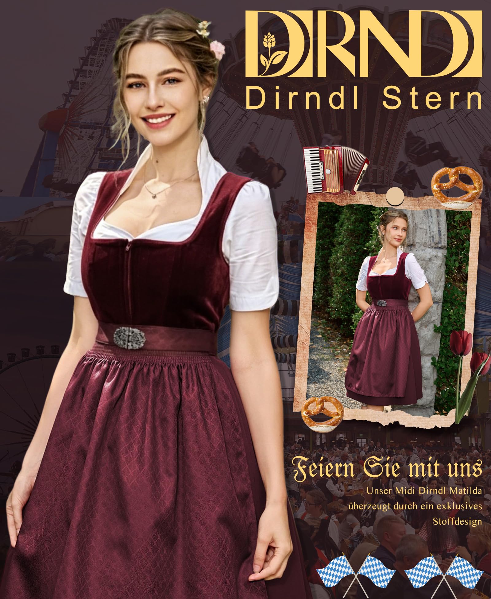 DIRNDLSTERN Damen Trachtenkleid Rot - Midi Dirndlkleid Oktoberfest Outfit Samt Trachtenrock mit 60 cm Dirndlschürzen