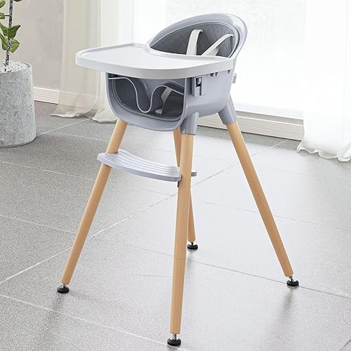 Fodoss Silla alta convertible para bebé con patas de madera y bandeja extraíble apta para lavavajillas para niños y niñas, silla alta con arnés de