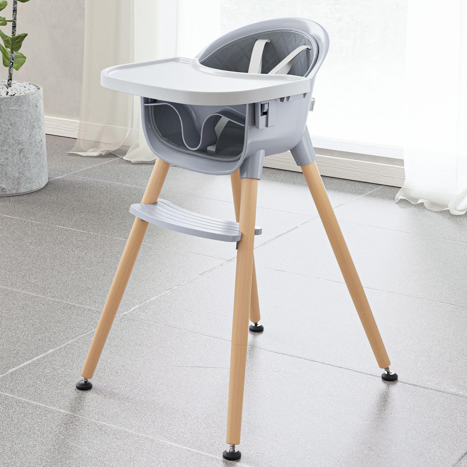 Fodoss Convertible Baby High Chair with Wood Legs and Removable Dishwasher Safe Tray for Boys and Girls?Highchair Toddler with 5 Point Safety Harness