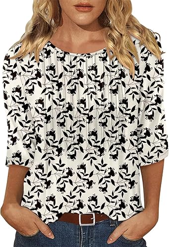 KISSMODA Tunic Tops for Women Loose Fit Dressy Round Neck Pleated 3/4 Length Sleeve Spring Tops