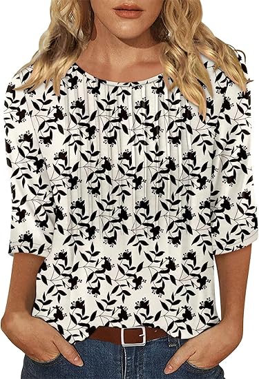 KISSMODA Tunic Tops for Women Loose Fit Dressy Round Neck Pleated 3/4 Length Sleeve Spring Tops