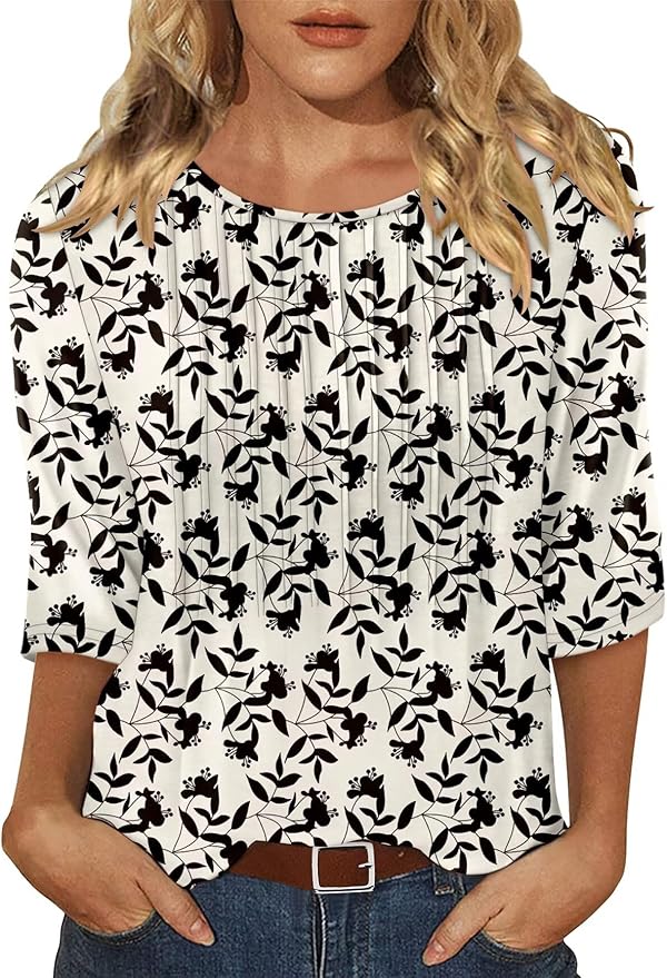 KISSMODA Tunic Tops for Women Loose Fit Dressy Round Neck Pleated 3/4 Length Sleeve Spring Tops