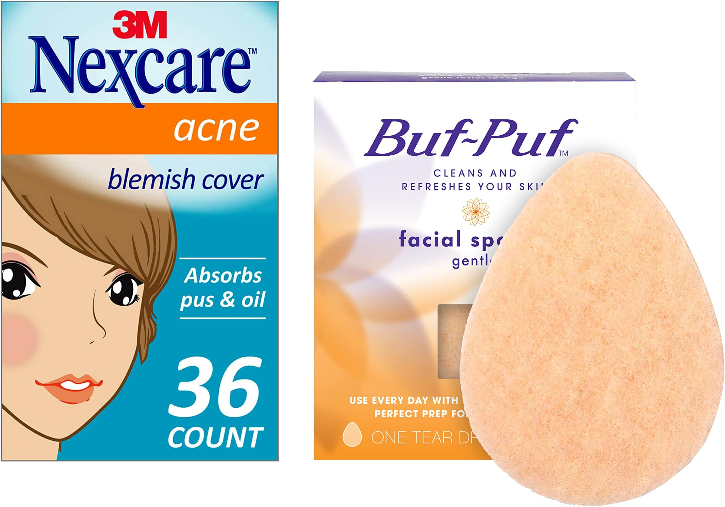 Regular Facial Sponge, Removes Deep Down Dirt & Makeup That Causes Breakouts and Blackheads, Reusable, Exfoliating, White (1 Count) + Nexcare Acne Absorbing Patch (36 Count)