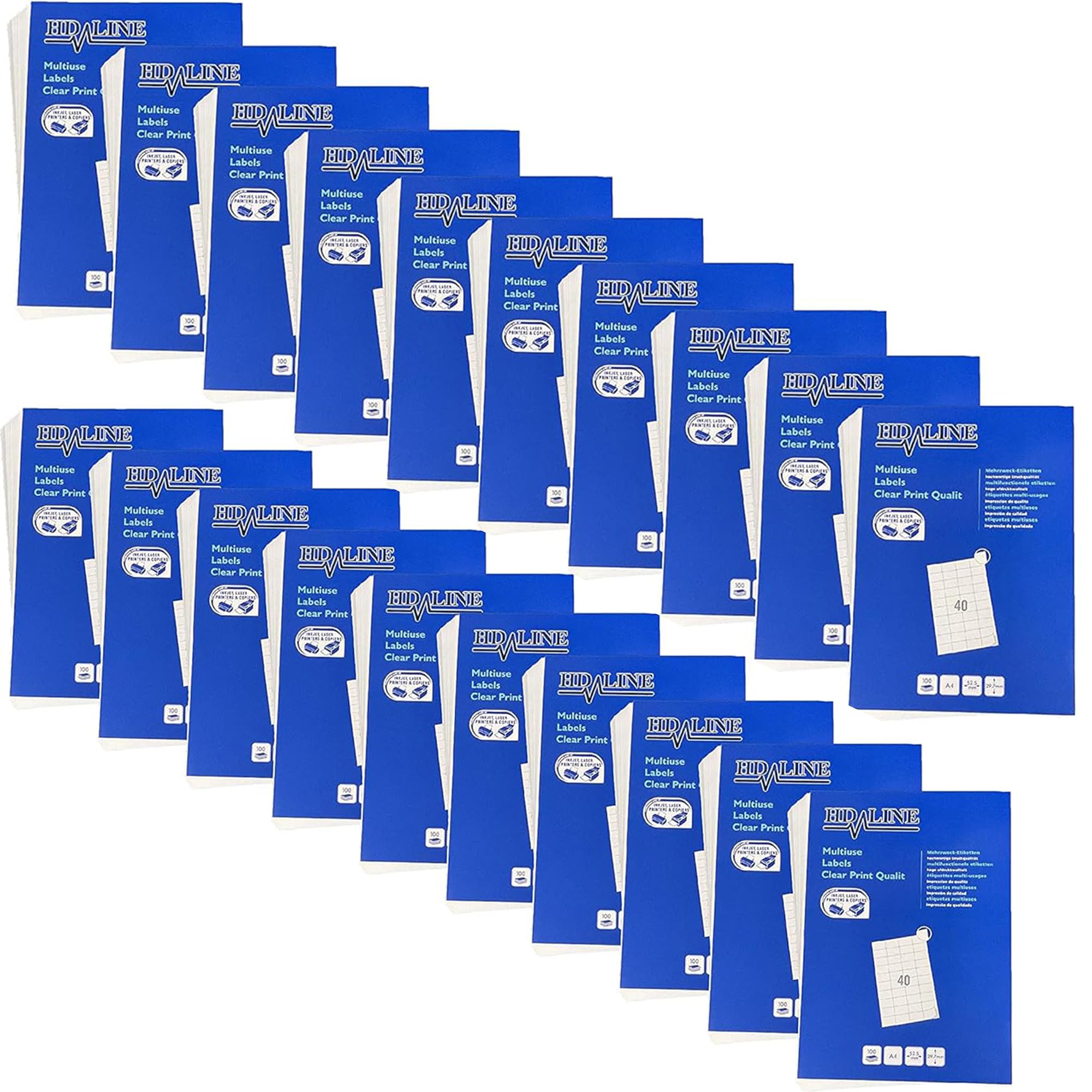 Hd-line Lot de 20 paquets d'étiquettes universelles 52,5 x 29,7 mm, 100 feuilles, 80 000 pièces, autocollantes, imprimables, en papier mat, vierges, 40 par feuille A4, blanc