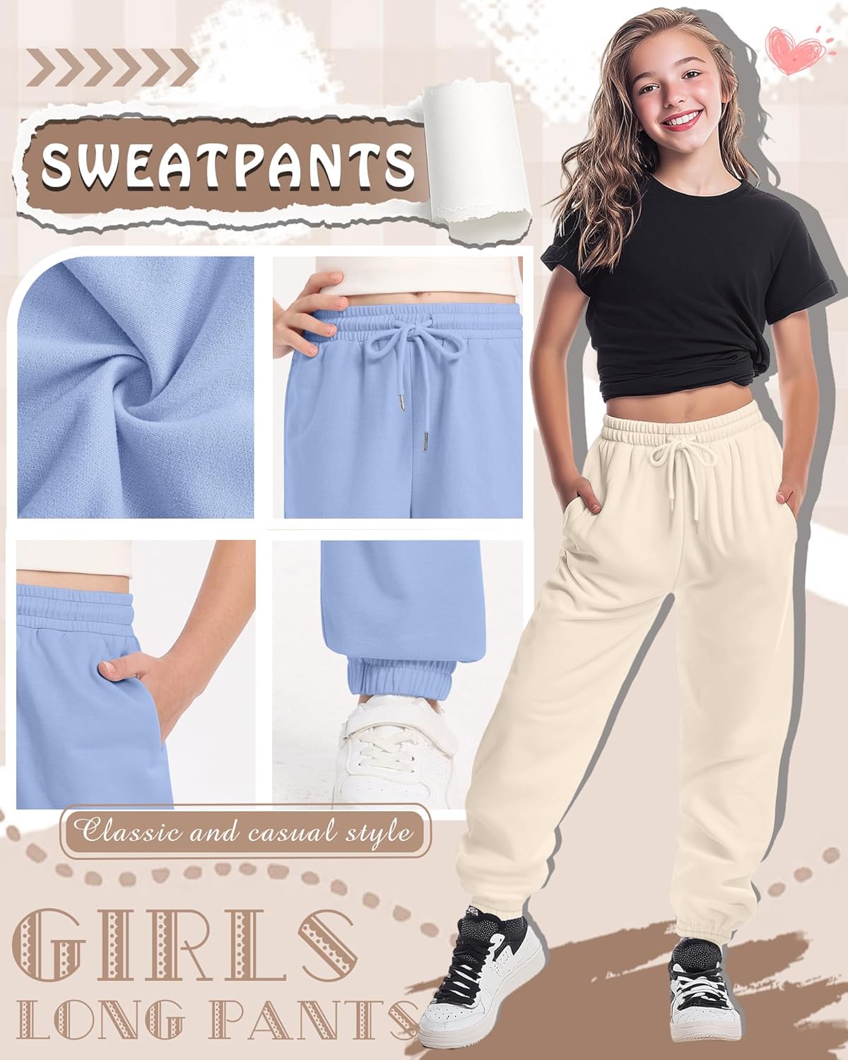 4 Pack Girls Sweatpants Lightweight High Waisted Drawstring Active Joggers Kids Soft Athletic Pants with Pockets