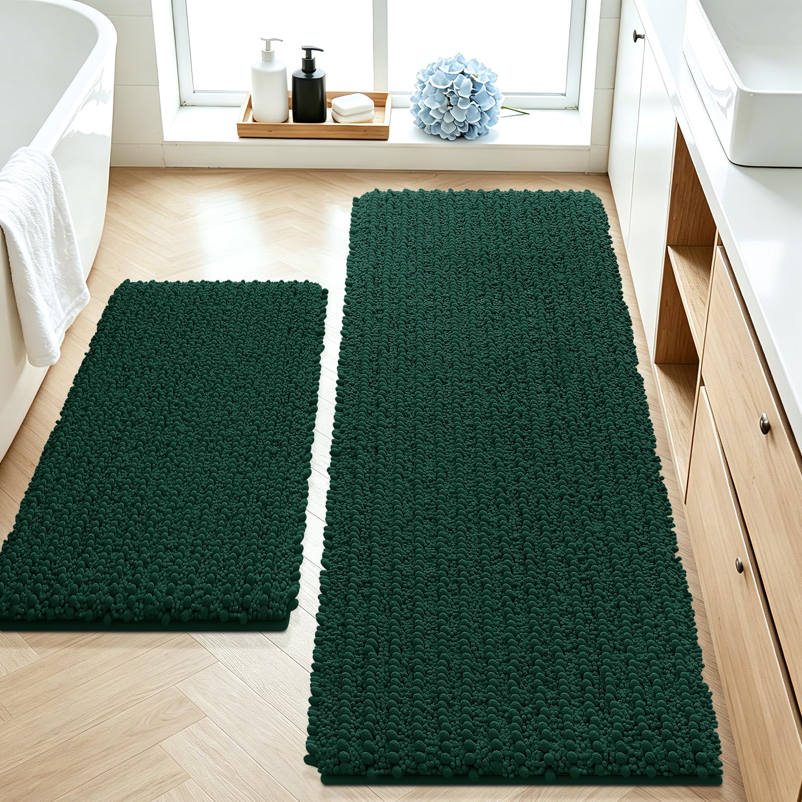 ACCUMTEK Upgrade Luxury 2 Piece Deep Green Toilet Bathroom Rug Mat 48"x20"+24"x17", Ultra Soft Thick Absorbent Bath Mats, Non Slip Chenille Toilet Mat for Bathroom, Bedroom, Kitchen, Shower, Tub