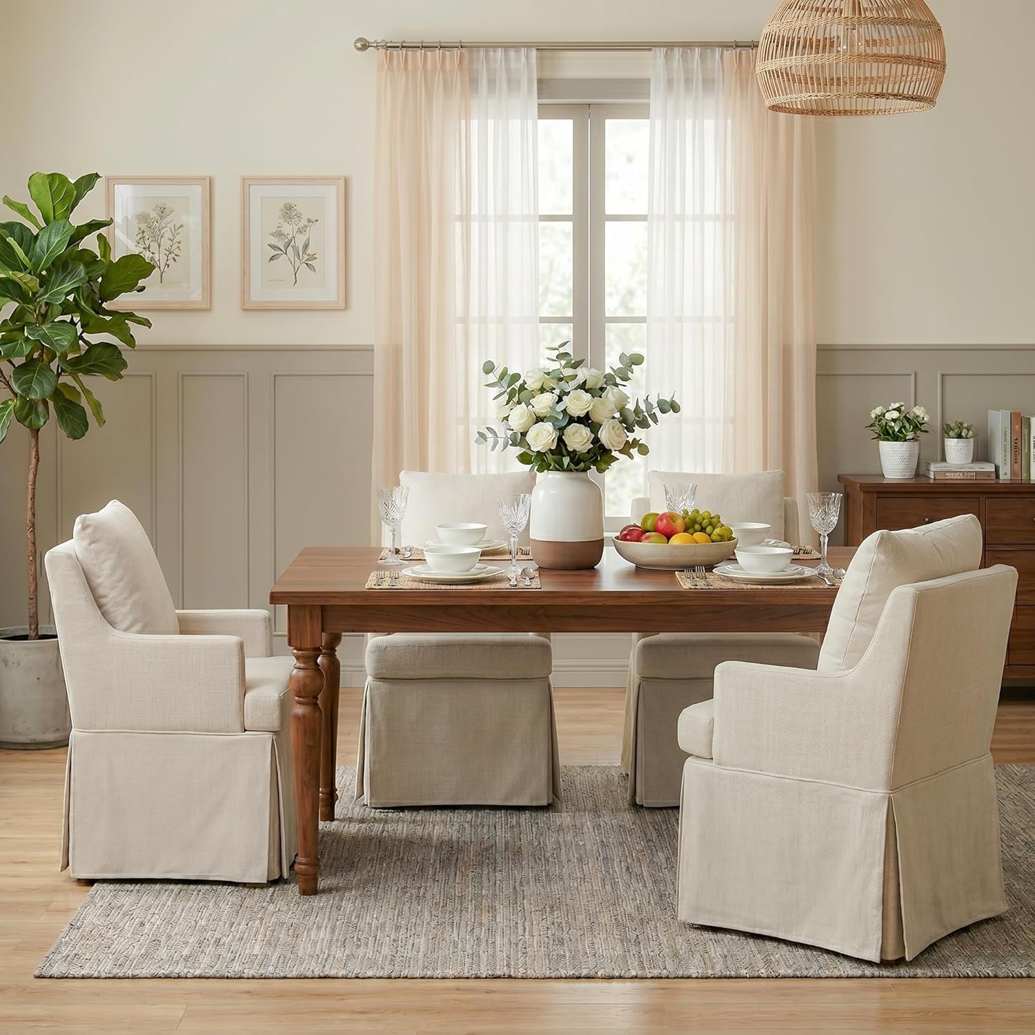 UVV Upholstered Dining Chairs Set of 2, Modern Kitchen Chair Dining Room Chair with 4 Casters, Linen Armchair for Bedroom Reading Room Living Room,Beige