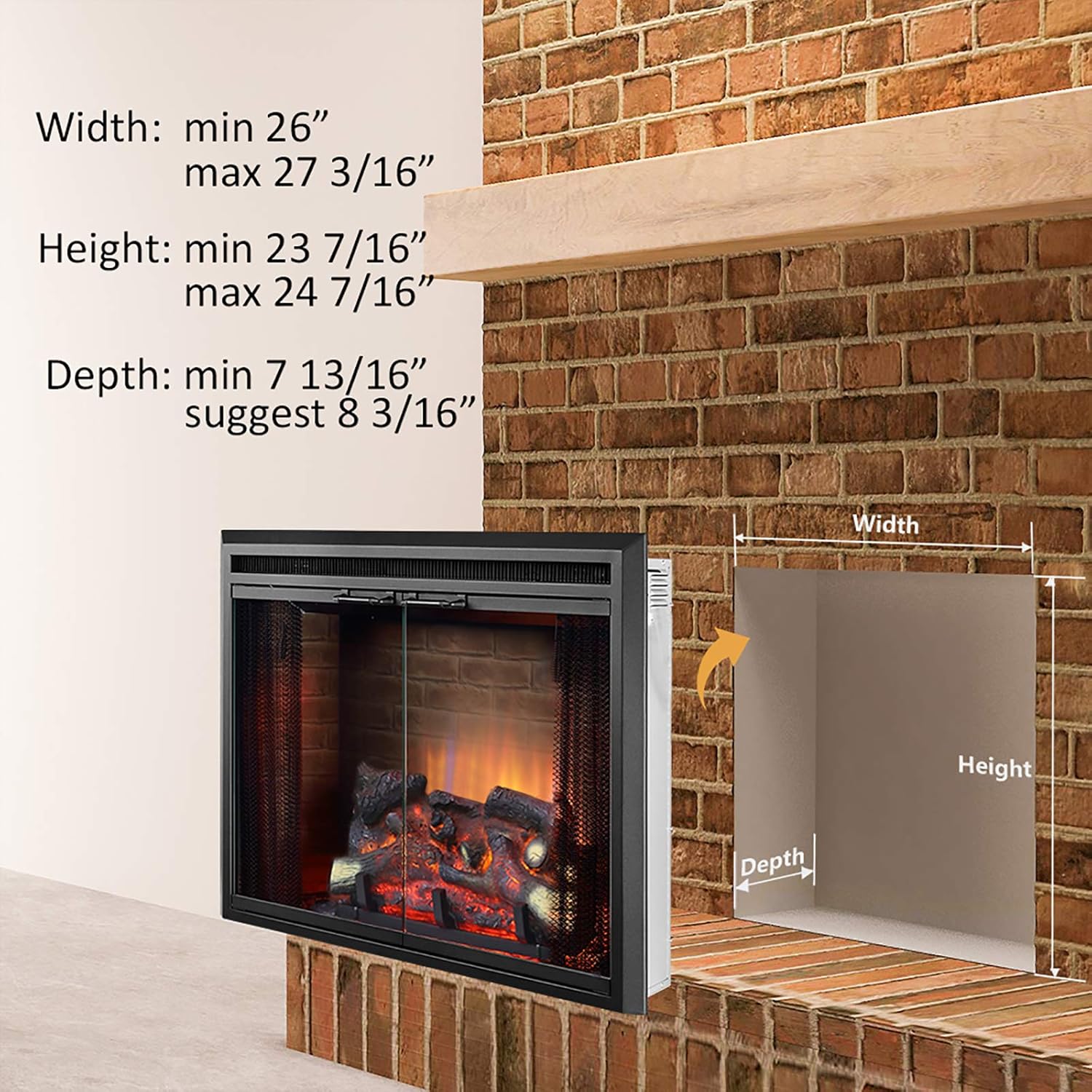 Diagram showing the minimum and maximum dimensions for installation of the PuraFlame Klaus Electric Fireplace Insert.
