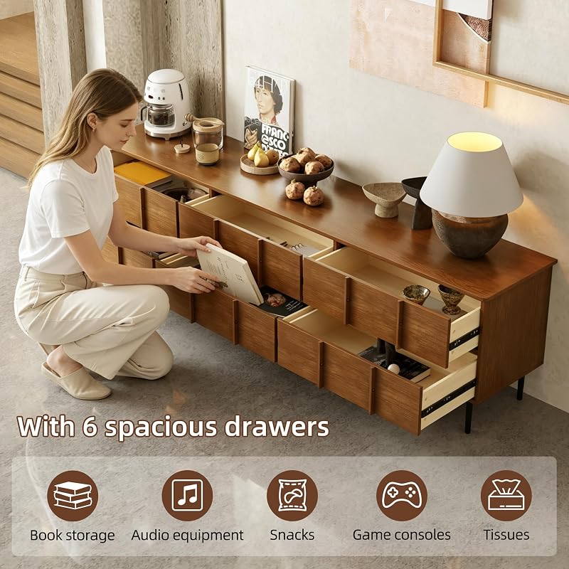 86" Modern Solid Wood Media Console, 6-Drawer Storage Sideboard image 6