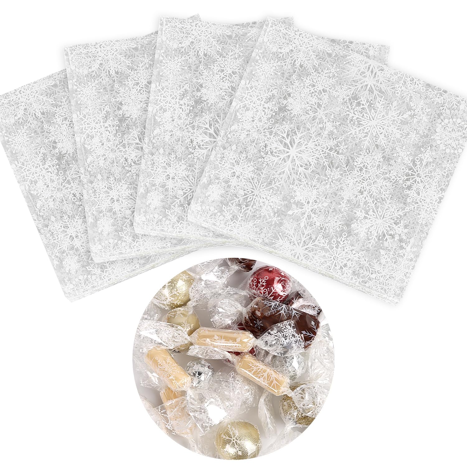 FINGOOOSnowflake Clear Candy Wrappers, 600 Piecs 5 x 5 Inches Cellophane Caramel Wrappers Precut for Homemade Candy Chocolate Lollipop Christmas Candy Bar Wrapper