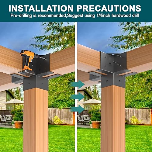 Miniatura 5 de Kit de soportes de pérgola de 6 x 6, soportes de esquina de madera recubiertos de polvo de 4 vías, 2 hombros de soporte y 2 bases de postes de
