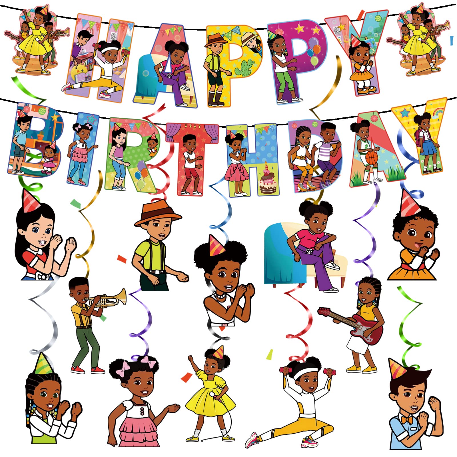 Gracies Birthday Party Supplies Banner and 12*Hanging Swirls for Birthday Decorations, Kids Boys and Girls for Birthday Party Decorations Happy Theme Banners.