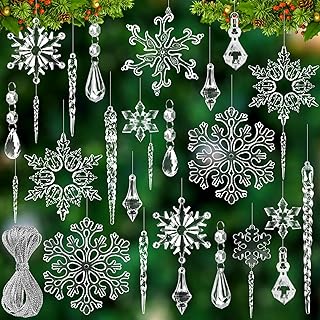 DTYDECLE 36pcs Clear Christmas Tree Pendants, Acrylic Crystal hanging Set Xmas Tree Snowflake Icicles Teardrop Hanging Ornaments with Strings for Christmas Tree Party Hanging Indoor Decoration