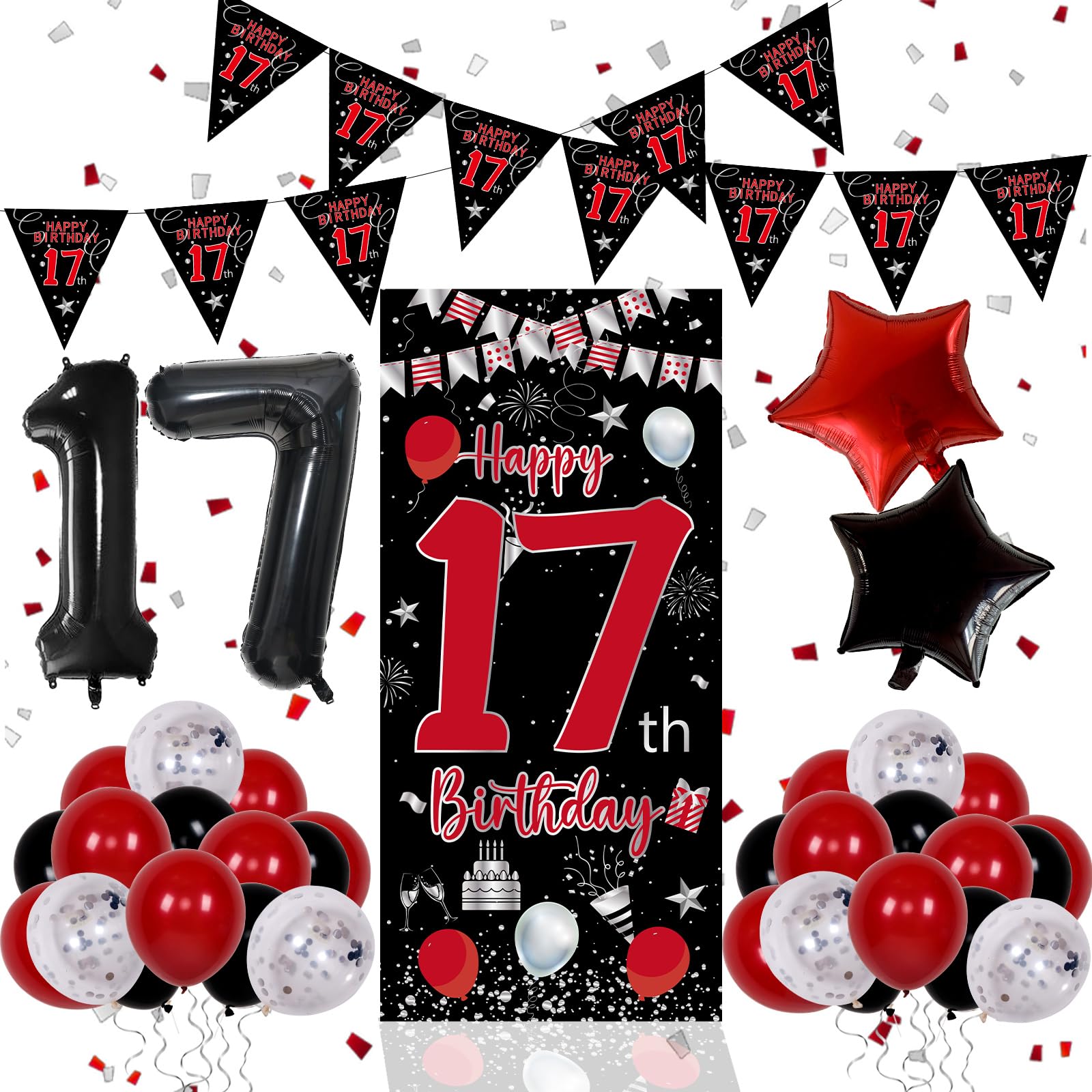 17th Birthday Decorations for Boys, Red Black Happy 17th Birthday Balloons Decorations for Girls, Boy 17 Year Old Door Banner, Triangle Flag, Large 17
