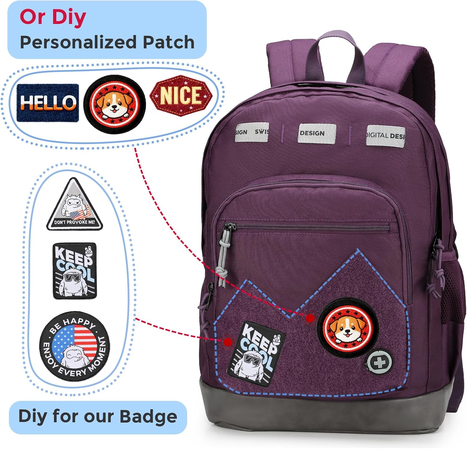 Swissdigital Design Big Student Laptop Backpack with Fun Personalized Patches For College Boy & Girl, Middle High School Teen Bookbag Cool Travel Daypack Purple - Includes 3 Patches | SD1718-51 - Image 7