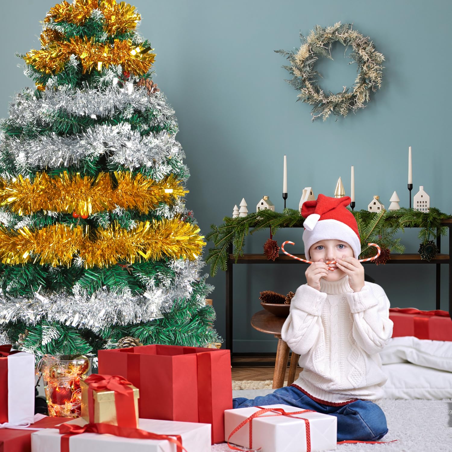 6 Pezzi Ghirlande Metalliche Scintillanti Per Albero Di Natale - Bianco, Lunghezza 2 Metri, Per Decorazioni Natalizie In Casa E Esterni