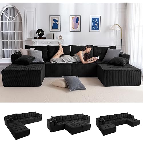 MAXYOYO Modular Sectional Sofa Couch, U Shaped Modern Cloud Couch with 2 Ottomans, Sofa in A Box, Tufted 6-Seat Boneless Sleeper Chair for Living Room, No Assembly Required, Black