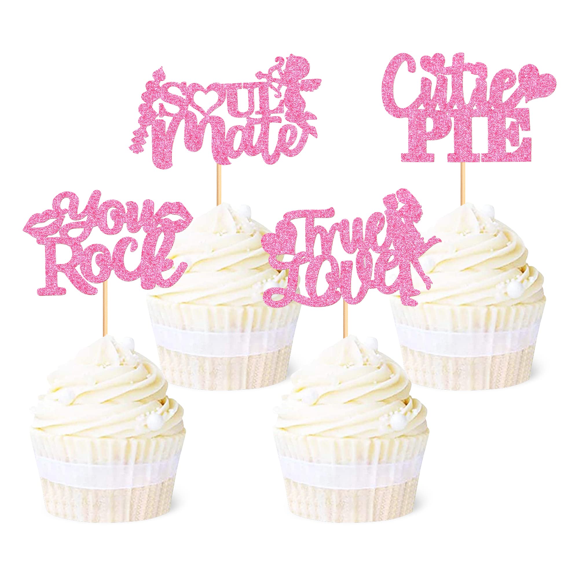 Blumomon 24Pcs Glitter Happy Valentine's Day Cupcake Toppers Cutie PIE Love Heart Hug Cake Decorations for Sweet Love Wedding Engagement Valentine's Day Bridal Shower Party Cake Decors Pink