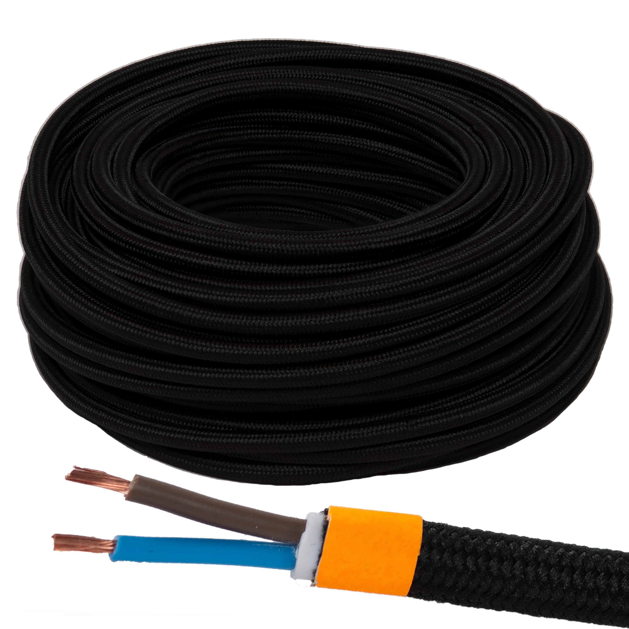 Schwarz 20 Meter 2x0,75 2 adrig Textilkabel flexiebel Lampenkabel Gewebekabel Stromkabel Textilummantelt Stoffkabel