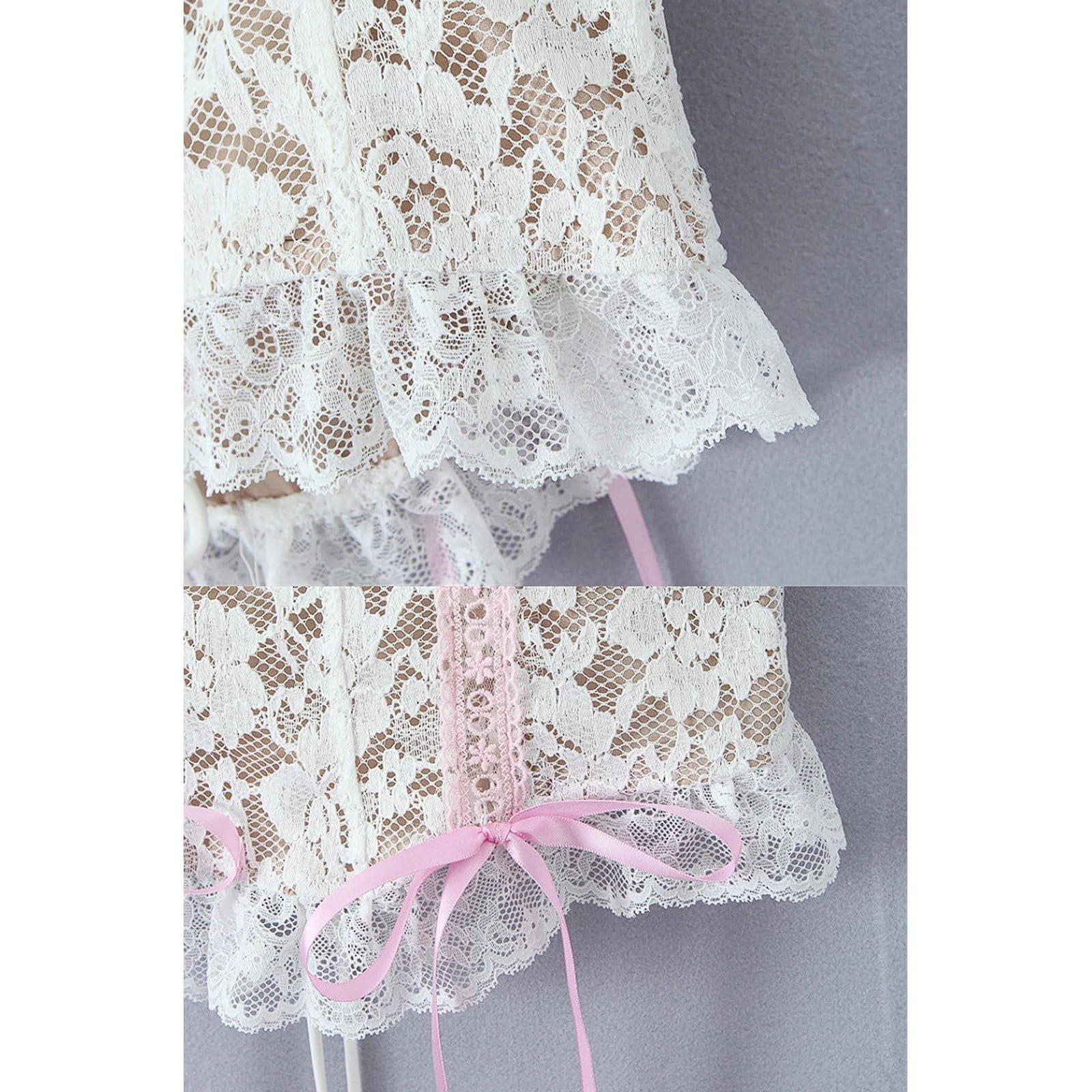 Top Halter con Adornos de Encaje, Lazo, Ojales y Detalles Amarre Camisola Ajustada sin Tirantes Dobladillo Irregular Blanco Cinta Rosa